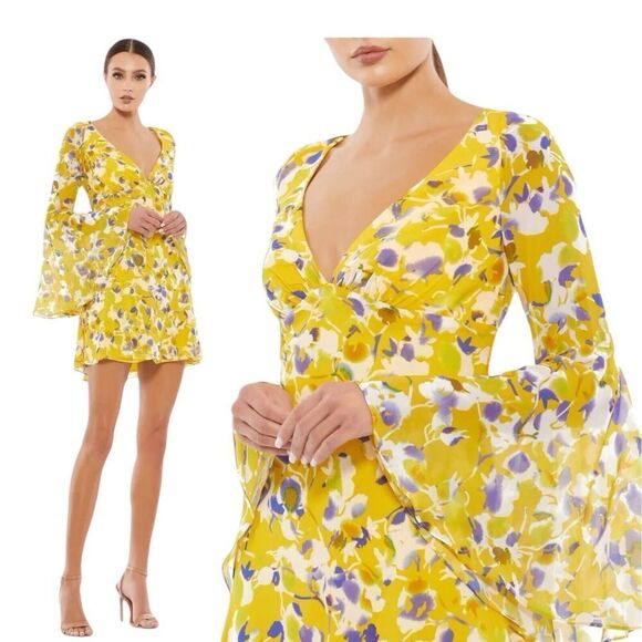 Mac Duggal Dresses & Skirts - Ieena Mac Duggal Dress Womens 2 Yellow Floral  Mini Bell Sleeves Flowy Dainty